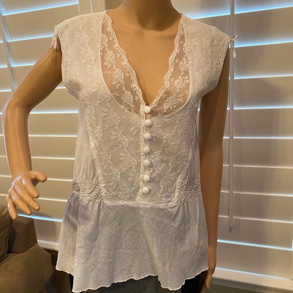 ARDEN-B - White Sheer Lace Front Top w/ Buttons & Tie Sleeves - MED - Picture 2 of 5